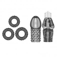 PLEASE ME Delay Glans Sleeve & Cock Rings (Full Set 5 Pieces - Transparent Black)