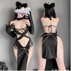 FEE ET MOI - Sexy Catwoman Bodysuit Includes Headband And Stockings (Black)