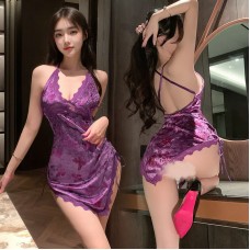 FEE ET MOI - Butterfly Print Deep V Velvet Dress (Purple)