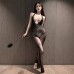 FEE ET MOI - Halter Neck Hollow-out Jacquard Bodystocking (Black)