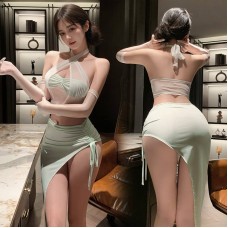FEE ET MOI - Chic Drawstring Open-Back Hip-Baring Set (White - Green)
