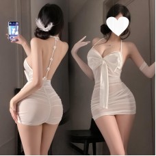 FEE ET MOI - Bow-Decorated Ruched Sheer Nightdress (White)