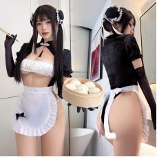 FEE ET MOI - Chinese-Style Maid Crotchless Bodysuit Set (Black - White)